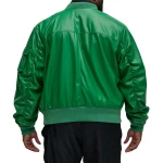 Sleeve Pocket Detail Green Leather Bomber Jacket