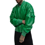 Sleeve Pocket Detail Green Leather Bomber Jacket