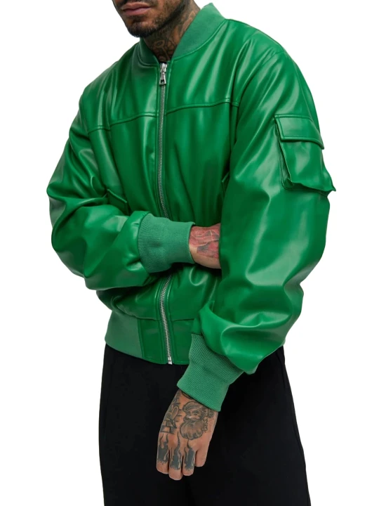 Sleeve Pocket Detail Green Leather Bomber Jacket