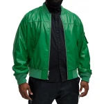 Sleeve Pocket Detail Green Leather Bomber Jacket