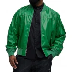 Sleeve Pocket Detail Green Leather Bomber Jacket