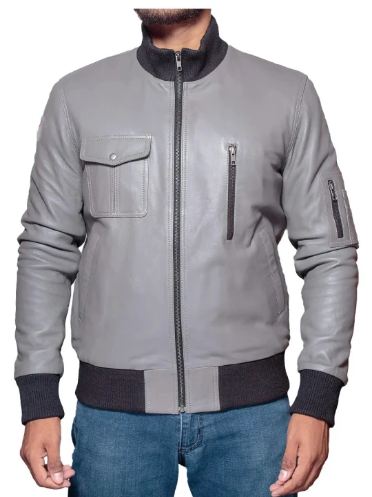 Sleeve Pocket Detail Grey Leather Bomber Jacket