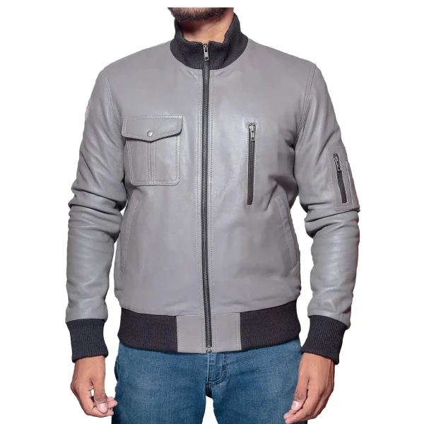 Sleeve Pocket Detail Grey Leather Bomber Jacket