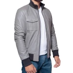 Sleeve Pocket Detail Grey Leather Bomber Jacket