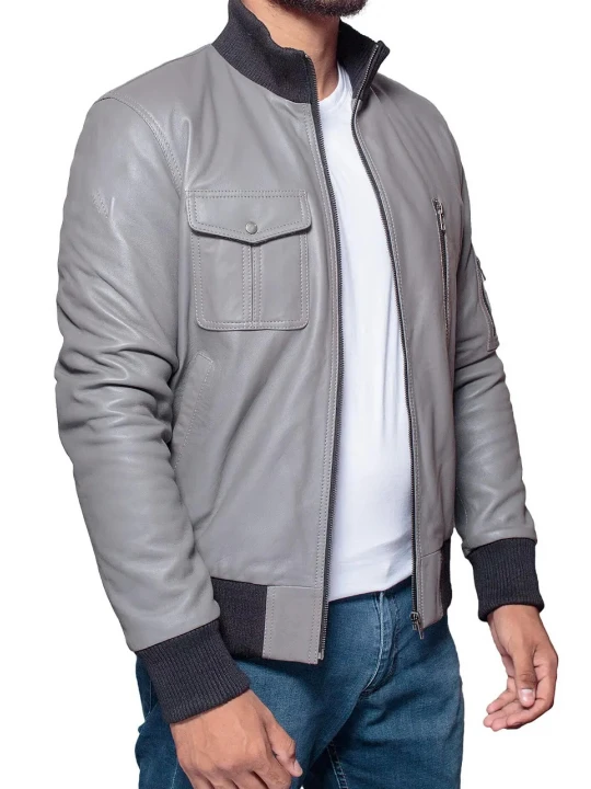 Sleeve Pocket Detail Grey Leather Bomber Jacket