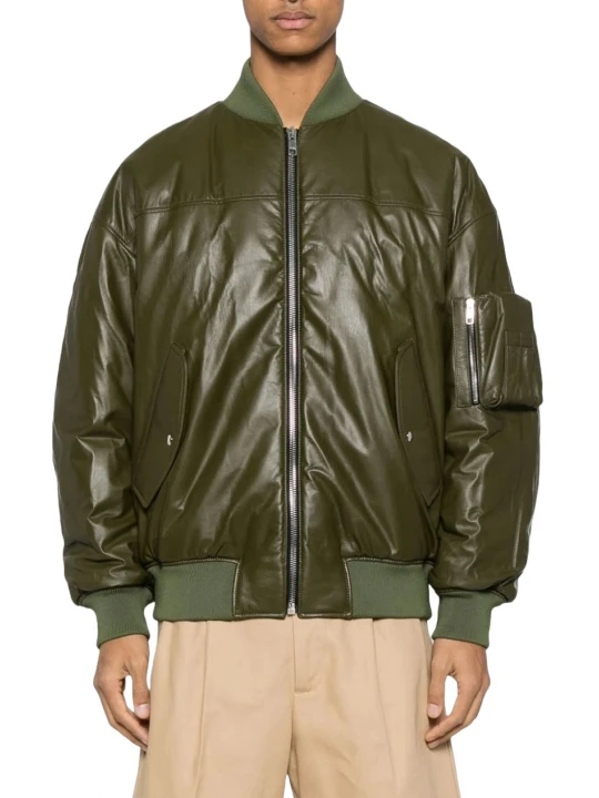 Sleeve Pocket Detail Olive Green Leather Bomber Jacket