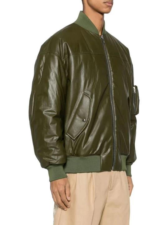 Sleeve Pocket Detail Olive Green Leather Bomber Jacket