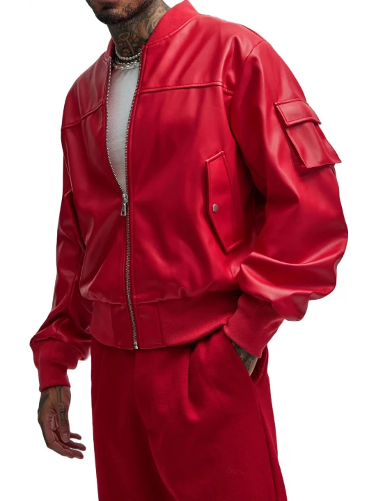 Sleeve Pocket Detail Red Leather Bomber Jacket