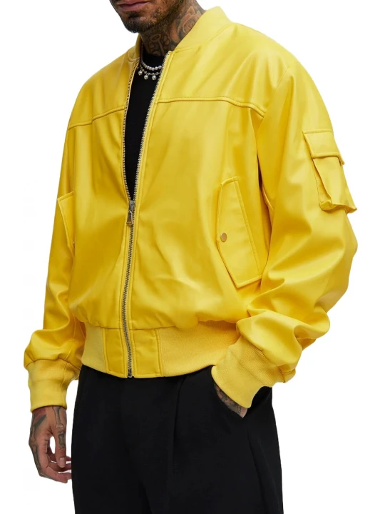 Sleeve Pocket Detail Yellow Leather Bomber Jacket