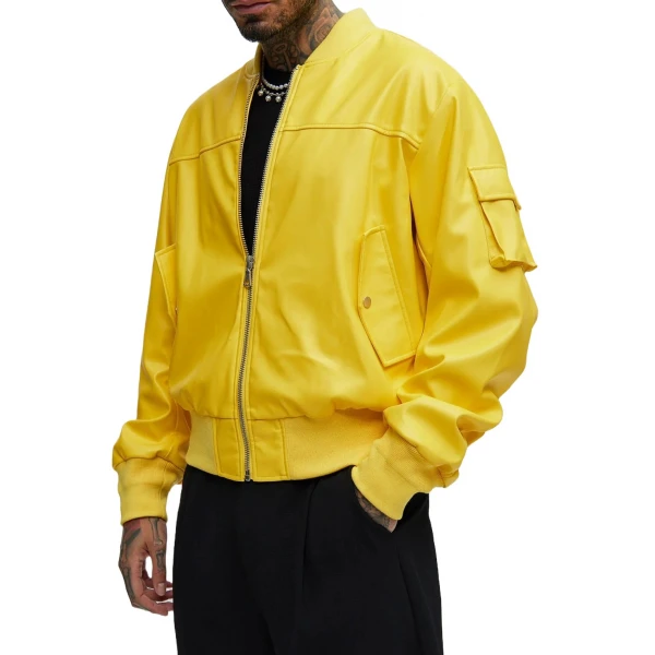Sleeve Pocket Detail Yellow Leather Bomber Jacket