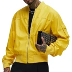 Sleeve Pocket Detail Yellow Leather Bomber Jacket