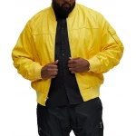 Sleeve Pocket Detail Yellow Leather Bomber Jacket