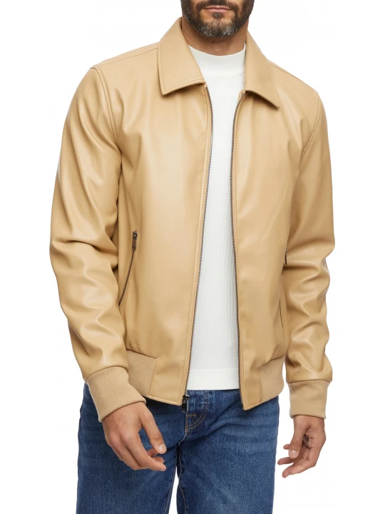 Spread Collar Beige Leather Bomber Jacket