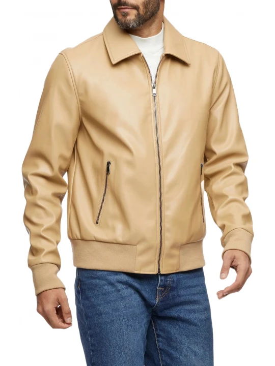 Spread Collar Beige Leather Bomber Jacket