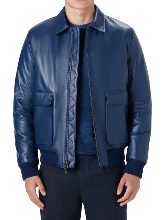 Spread Collar Blue Leather Bomber Jacket