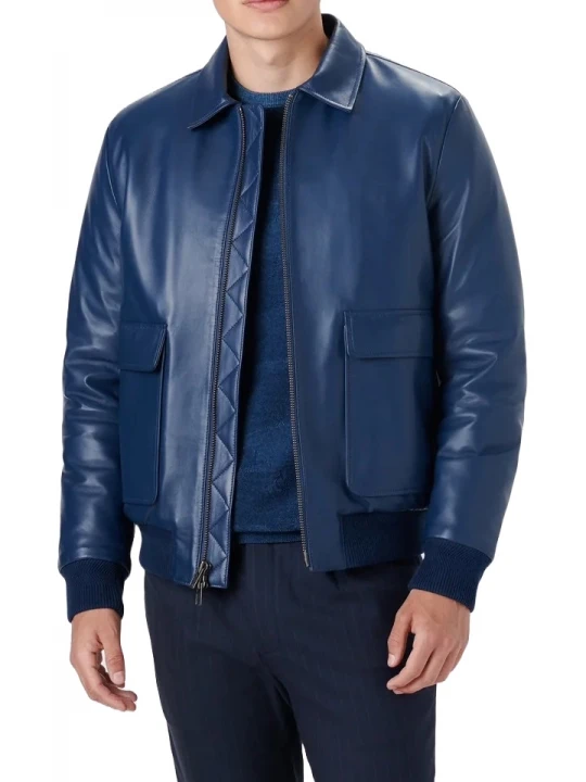 Spread Collar Blue Leather Bomber Jacket