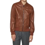 Spread Collar Cognac Leather Bomber Jacket
