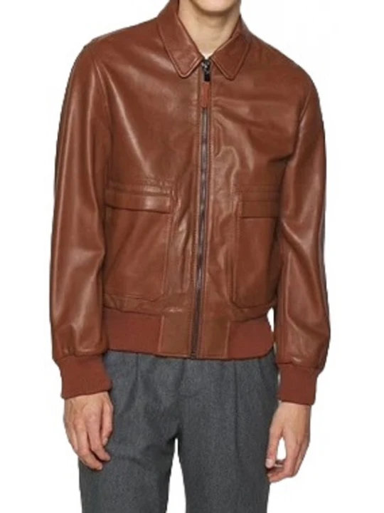 Spread Collar Cognac Leather Bomber Jacket