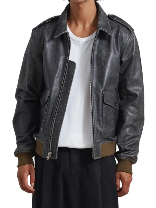 Spread Collar Vintage Black Leather Bomber Jacket