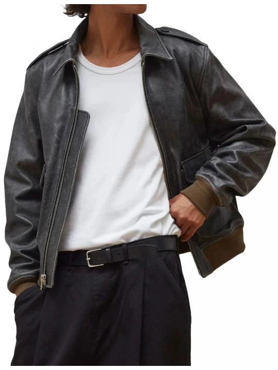 Spread Collar Vintage Black Leather Bomber Jacket