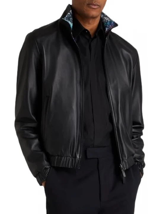 Stand Collar Black Leather Bomber Jacket