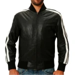 Strips Detailing Black Leather Bomber Jacket