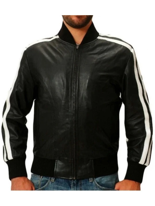 Strips Detailing Black Leather Bomber Jacket