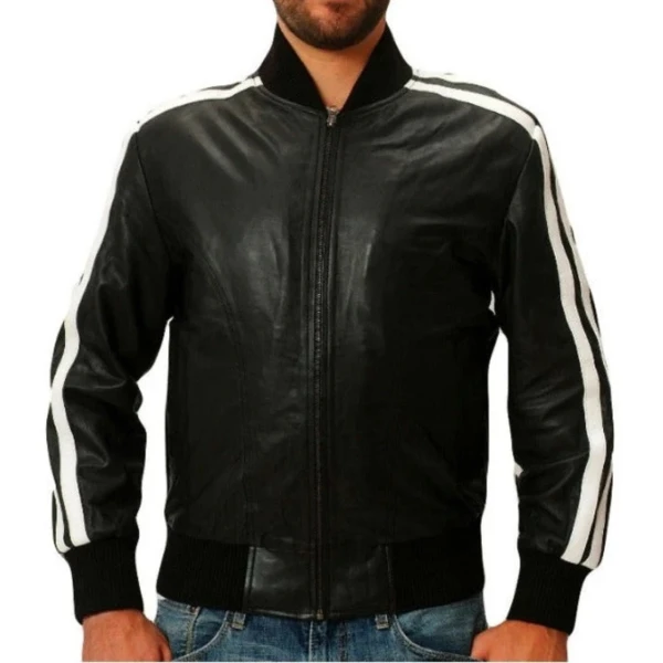 Strips Detailing Black Leather Bomber Jacket