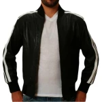 Strips Detailing Black Leather Bomber Jacket