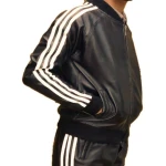 Strips Detailing Black Leather Bomber Jacket
