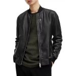 Three Pockets Black Leather Bomber Jacket