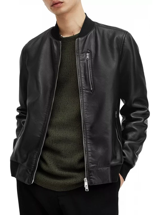 Three Pockets Black Leather Bomber Jacket