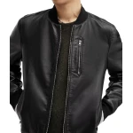 Three Pockets Black Leather Bomber Jacket