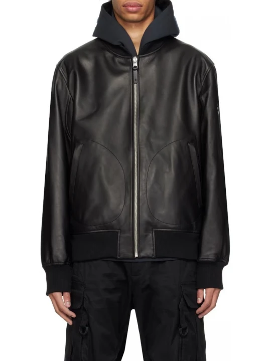 Utility Pockets Black Leather Bomber Jacket