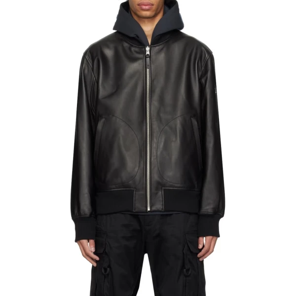 Utility Pockets Black Leather Bomber Jacket