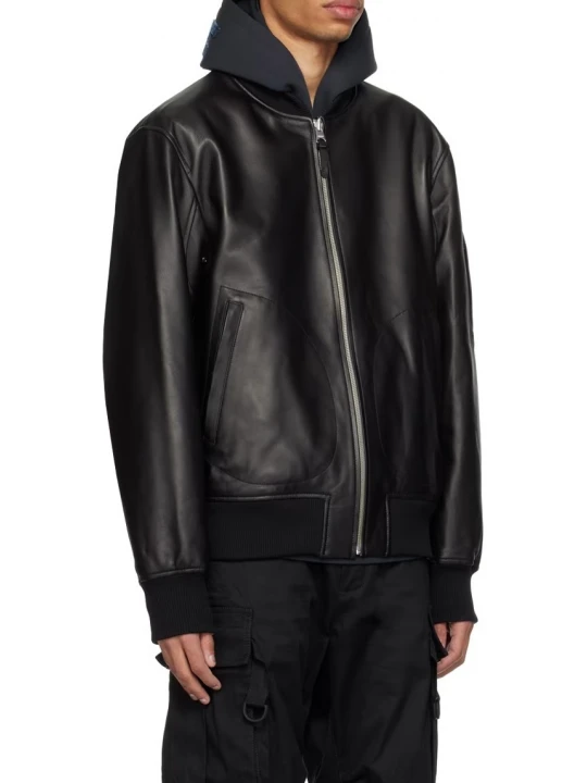 Utility Pockets Black Leather Bomber Jacket