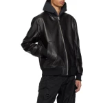 Utility Pockets Black Leather Bomber Jacket