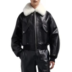 White Shearling Collar Black Leather Bomber Jacket