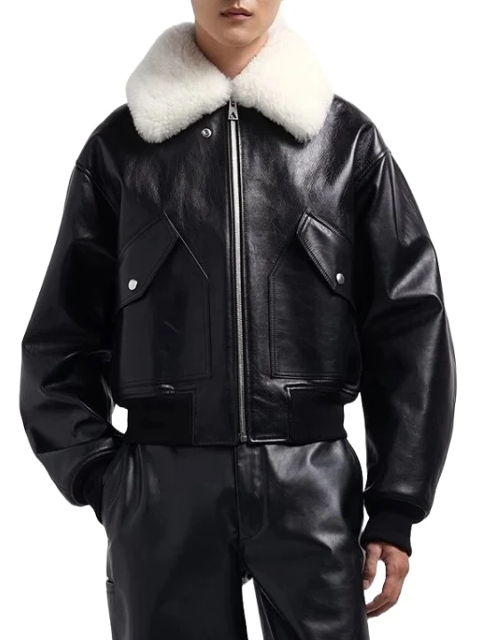 White Shearling Collar Black Leather Bomber Jacket