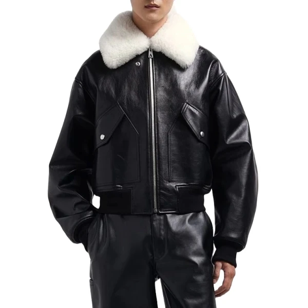 White Shearling Collar Black Leather Bomber Jacket