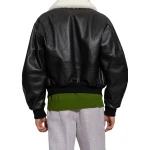 White Shearling Collar Black Leather Bomber Jacket