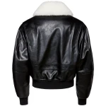 White Shearling Collar Black Leather Bomber Jacket