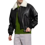 White Shearling Collar Black Leather Bomber Jacket