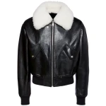 White Shearling Collar Black Leather Bomber Jacket