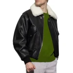 White Shearling Collar Black Leather Bomber Jacket