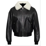 White Shearling Collar Black Leather Bomber Jacket