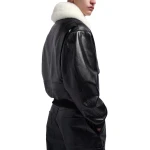 White Shearling Collar Black Leather Bomber Jacket