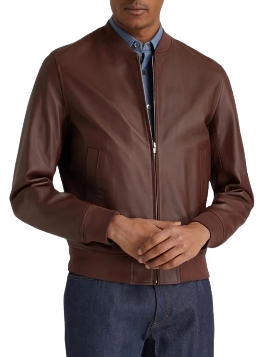 Zip Fastening Brown Leather Bomber Jacket