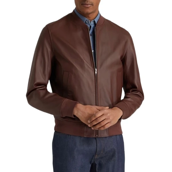 Zip Fastening Brown Leather Bomber Jacket