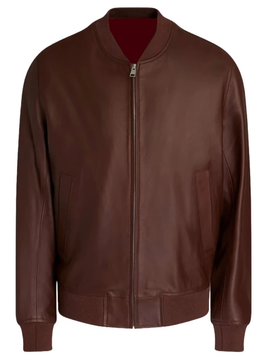 Zip Fastening Brown Leather Bomber Jacket